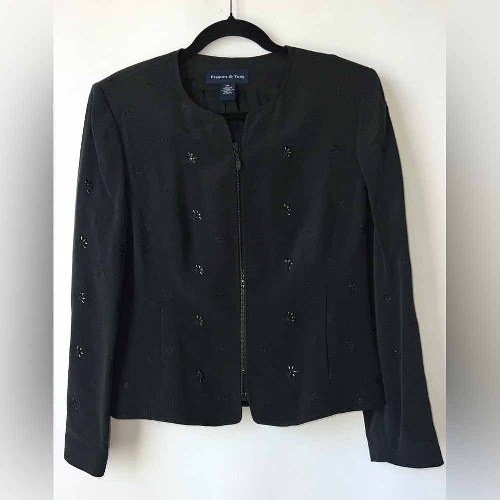 Preston & York 100% silk Black Blazer Size 10 Embroidered Beaded